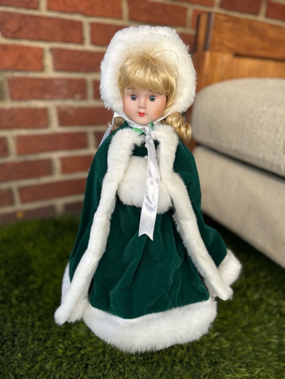 QVC porcelain Green Velvet Holiday Doll with White Faux-Fur Trim